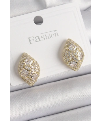 Pirinç Gold Renk Zirkon Taş İşlemeli Damla Model Kadın Küpe