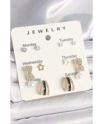 Pirinç Gold Renk Zirkon Taş Yıldız Detaylı İncili 7Li Set Kadın Küpe Seti