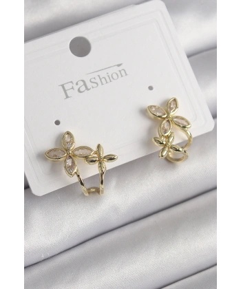 Pirinç Gold Renk Zirkon Taşlı 2Li Çiçek Model Kadın Küpe
