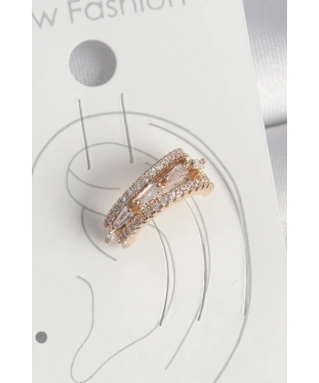 Pirinç Gold Renk Zirkon Taşlı 3Lü Sıralı Model Kadın Kıkırdak Küpe