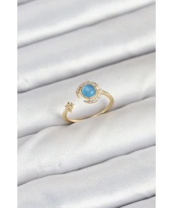 Pirinç Gold Renk Zirkon Taşlı Ay Yıldız Kadın Yüzük