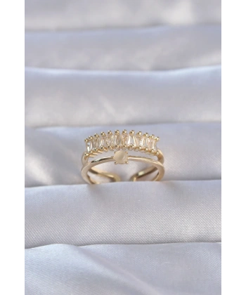 Pirinç Gold Renk Zirkon Taşlı Baget Su Yolu Model Ayarlanabilir Yüzük