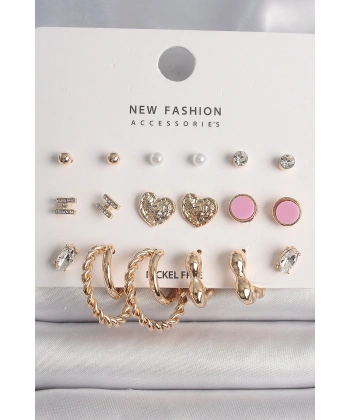 Pirinç Gold Renk Zirkon Taşlı Burug Halka Model İşlemeli Kalp Detay 9 Çift Kadın Küpe Seti