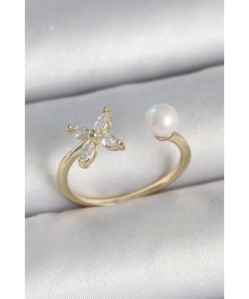 Pirinç Gold Renk Zirkon Taşlı Çiçek Model İnci Detay Ayarlanabilir Kadın Yüzük