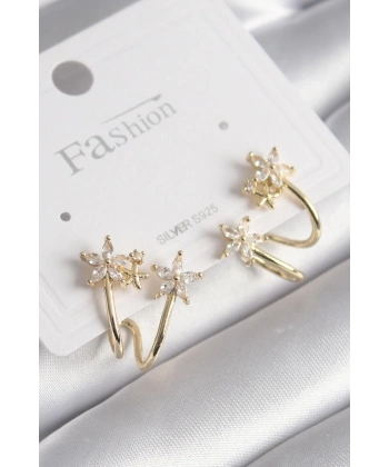 Pirinç Gold Renk Zirkon Taşlı Çiçek Model Kadın Küpe