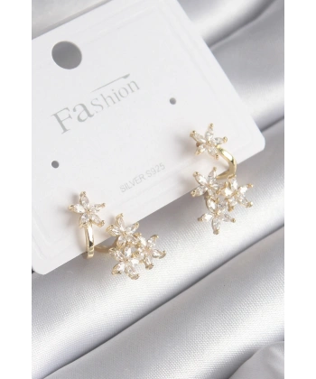 Pirinç Gold Renk Zirkon Taşlı Çiçek Tasarım Kadın Küpe