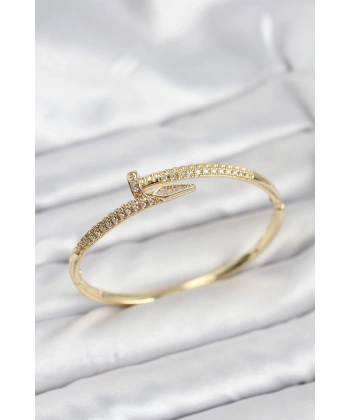 Pirinç Gold Renk Zirkon Taşlı Çivi Model Kadın Kelepçe Bileklik