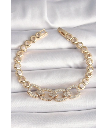 Pirinç Gold Renk Zirkon Taşlı Daire Zincir Model Kadın Bileklik