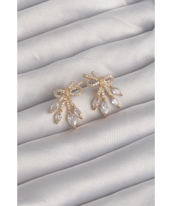 Pirinç Gold Renk Zirkon Taşlı Fiyonk Küpe