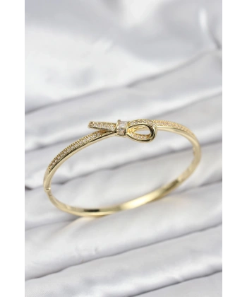 Pirinç Gold Renk Zirkon Taşlı Fiyonk Model Kadın Kelepçe Bileklik