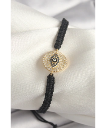 Pirinç Gold Renk Zirkon Taşlı Göz İşlemeli Figür Asansörlü Makrome Model Kadın Bileklik