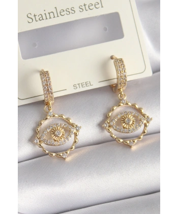 Pirinç Gold Renk Zirkon Taşlı Göz Model Kadın Küpe