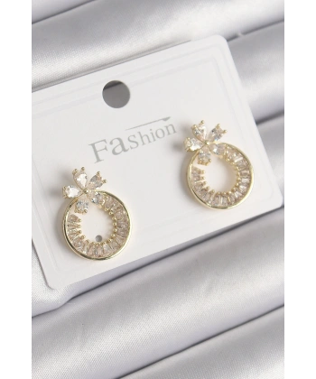 Pirinç Gold Renk Zirkon Taşlı Halka Model Çiçek Figür Kadın Küpe