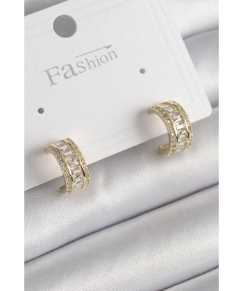 Pirinç Gold Renk Zirkon Taşlı Halka Model Kadın Küpe