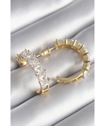 Pirinç Gold Renk Zirkon Taşlı Halka Model Kadın Küpe