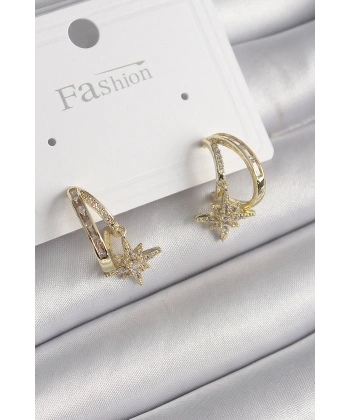 Pirinç Gold Renk Zirkon Taşlı Halka Model Yıldız Detay Kadın Küpe