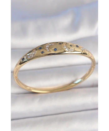 Pirinç Gold Renk Zirkon Taşlı Hilal İşleme Mavi Taşlı Yıldız Detay Kadın Kelepçe