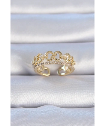 Pirinç Gold Renk Zirkon Taşlı İnci Detay Kadın Yüzük