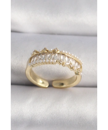 Pirinç Gold Renk Zirkon Taşlı İnci Detay VIP Seri Kadın Yüzük