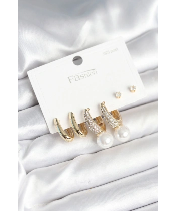 Pirinç Gold Renk Zirkon Taşlı İnci Detaylı 925 Ayar Gümüş Çivili Kadın Küpe Seti