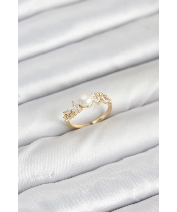 Pirinç Gold Renk Zirkon Taşlı İncili Model Kadın Yüzük