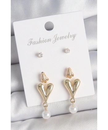 Pirinç Gold Renk Zirkon Taşlı İncili Sallantılı Kalp Model 3 Çift Kadın Küpe Seti