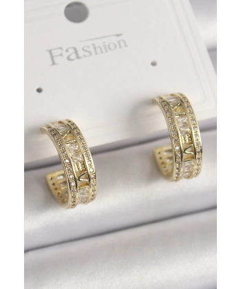 Pirinç Gold Renk Zirkon Taşlı İşleme Detay Halka Model Kadın Küpe