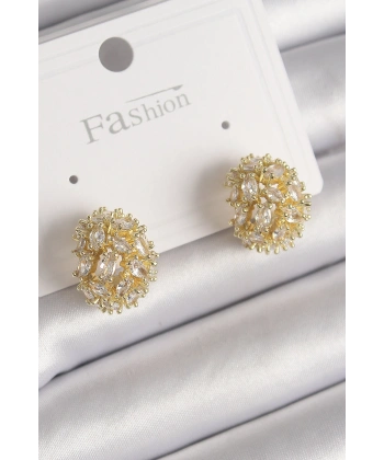 Pirinç Gold Renk Zirkon Taşlı Kadın Küpe