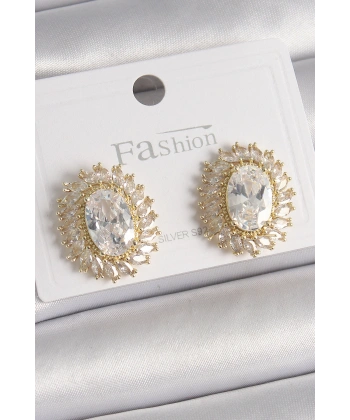 Pirinç Gold Renk Zirkon Taşlı Kadın Küpe