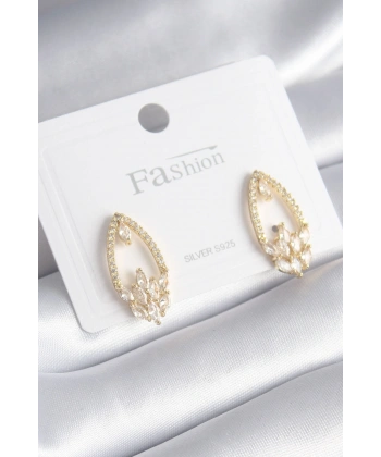 Pirinç Gold Renk Zirkon Taşlı Kadın Küpe