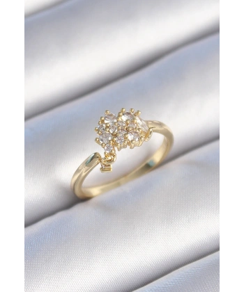 Pirinç Gold Renk Zirkon Taşlı Kadın Yüzük