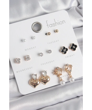 Pirinç Gold Renk Zirkon Taşlı Kalp Figür Siyah Yonca Detay 7 Çift Kadın Küpe Seti