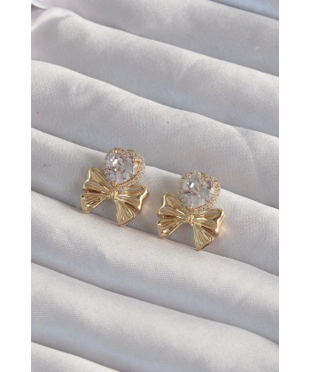 Pirinç Gold Renk Zirkon Taşlı Kalp Model Fiyonk Küpe