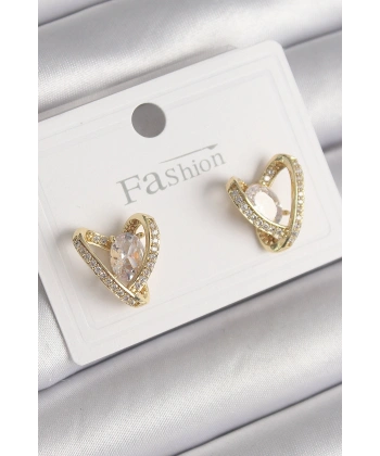 Pirinç Gold Renk Zirkon Taşlı Kalp Model Kadın Küpe