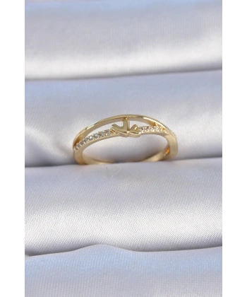 Pirinç Gold Renk Zirkon Taşlı Kalp Model Kadın Yüzük