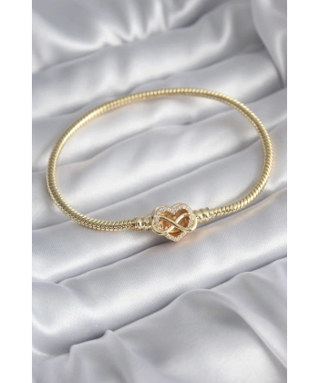 Pirinç Gold Renk Zirkon Taşlı Kalp Sonsuzluk Model Charm Kadın Bileklik