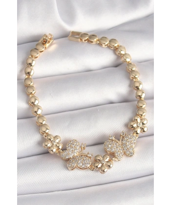 Pirinç Gold Renk Zirkon Taşlı Kelebek Figür Çiçek Zincir Model Kadın Bileklik