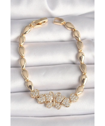 Pirinç Gold Renk Zirkon Taşlı Kelebek Figür Damla Zincir Model Kadın Bileklik