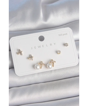 Pirinç Gold Renk Zirkon Taşlı Kelebek Model İnci Detay 925 Ayar Gümüş Çivi Kadın Küpe Seti