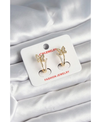 Pirinç Gold Renk Zirkon Taşlı Kelebek Model Kadın Küpe