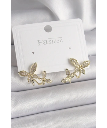 Pirinç Gold Renk Zirkon Taşlı Kelebek Model Kadın Küpe