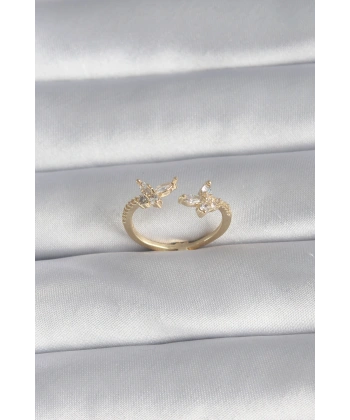 Pirinç Gold Renk Zirkon Taşlı Kelebek Model Kadın Yüzük