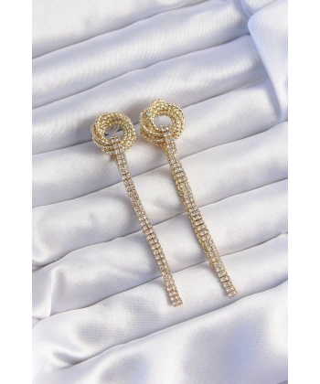 Pirinç Gold Renk Zirkon Taşlı Kıvrım Detay Sallantılı Küpe