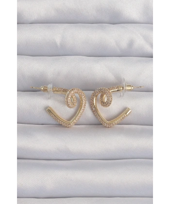 Pirinç Gold Renk Zirkon Taşlı Kıvrımlı Yarım Kalp Küpe