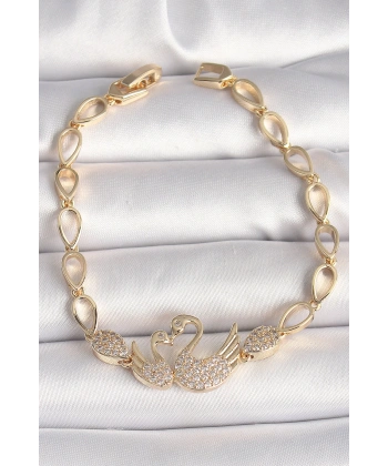 Pirinç Gold Renk Zirkon Taşlı Kuğu Figür Damla Zincir Model Kadın Bileklik