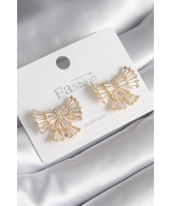 Pirinç Gold Renk Zirkon Taşlı Kurdele Model Kadın Küpe