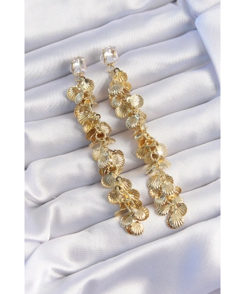 Pirinç Gold Renk Zirkon Taşlı Minimal Deniz Kabuklu Sallantılı Küpe