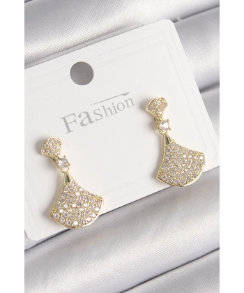Pirinç Gold Renk Zirkon Taşlı Motif Model Kadın Küpe