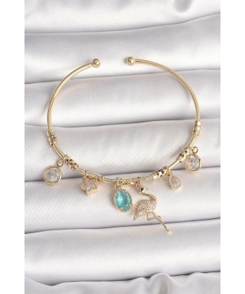 Pirinç Gold Renk Zirkon Taşlı Sallantı Filamingo Figür Charm Kadın Bileklik