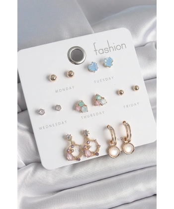 Pirinç Gold Renk Zirkon Taşlı Sallantı Halka Figür Kalp Detay 7 Çift Kadın Küpe